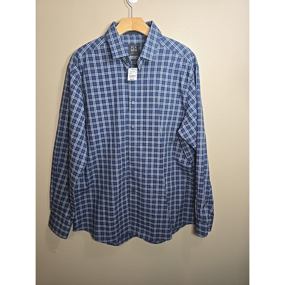 Jos A Bank Traveler Tech Shirt Size LG Blue Plaid Tailored Fit Long Sleeve NWT